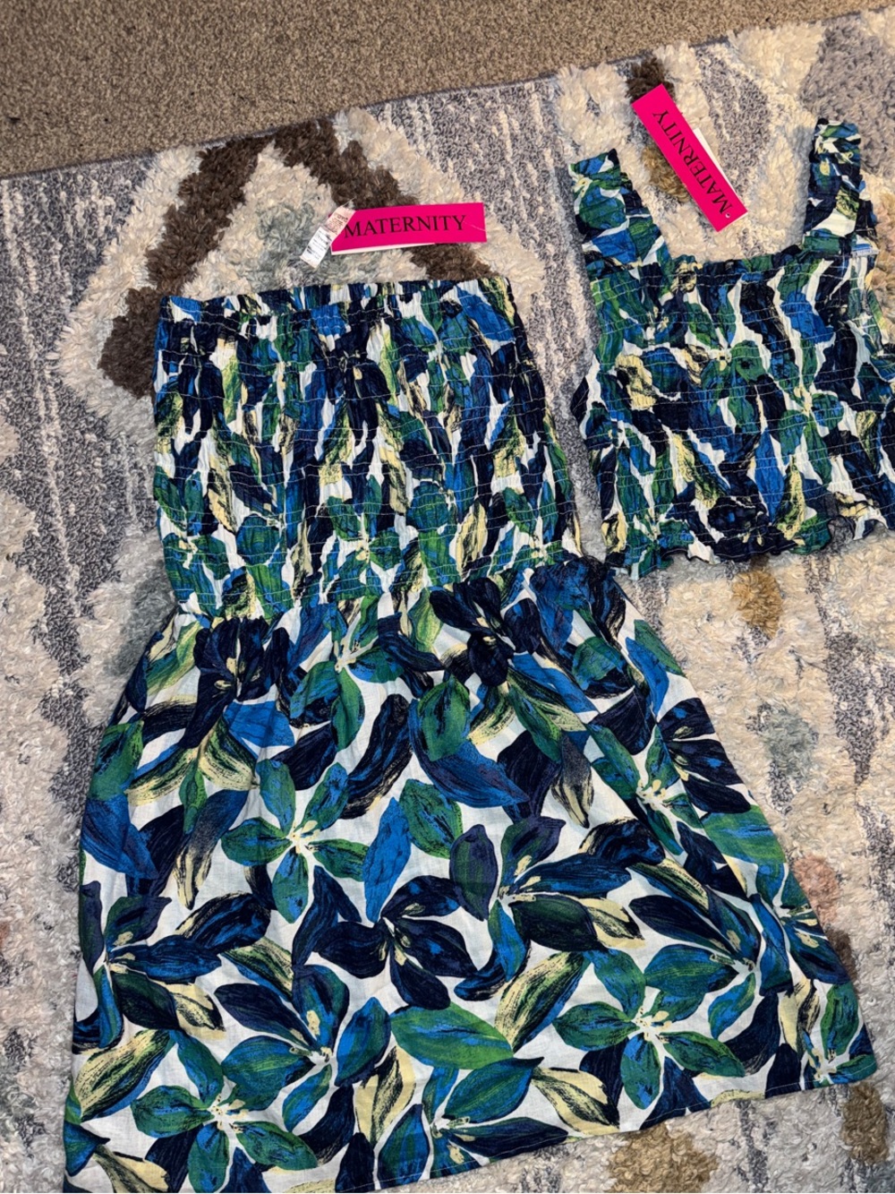 Times Two Blue & Gre Leaf Print Maternity Dress/Skirt with Tank Top